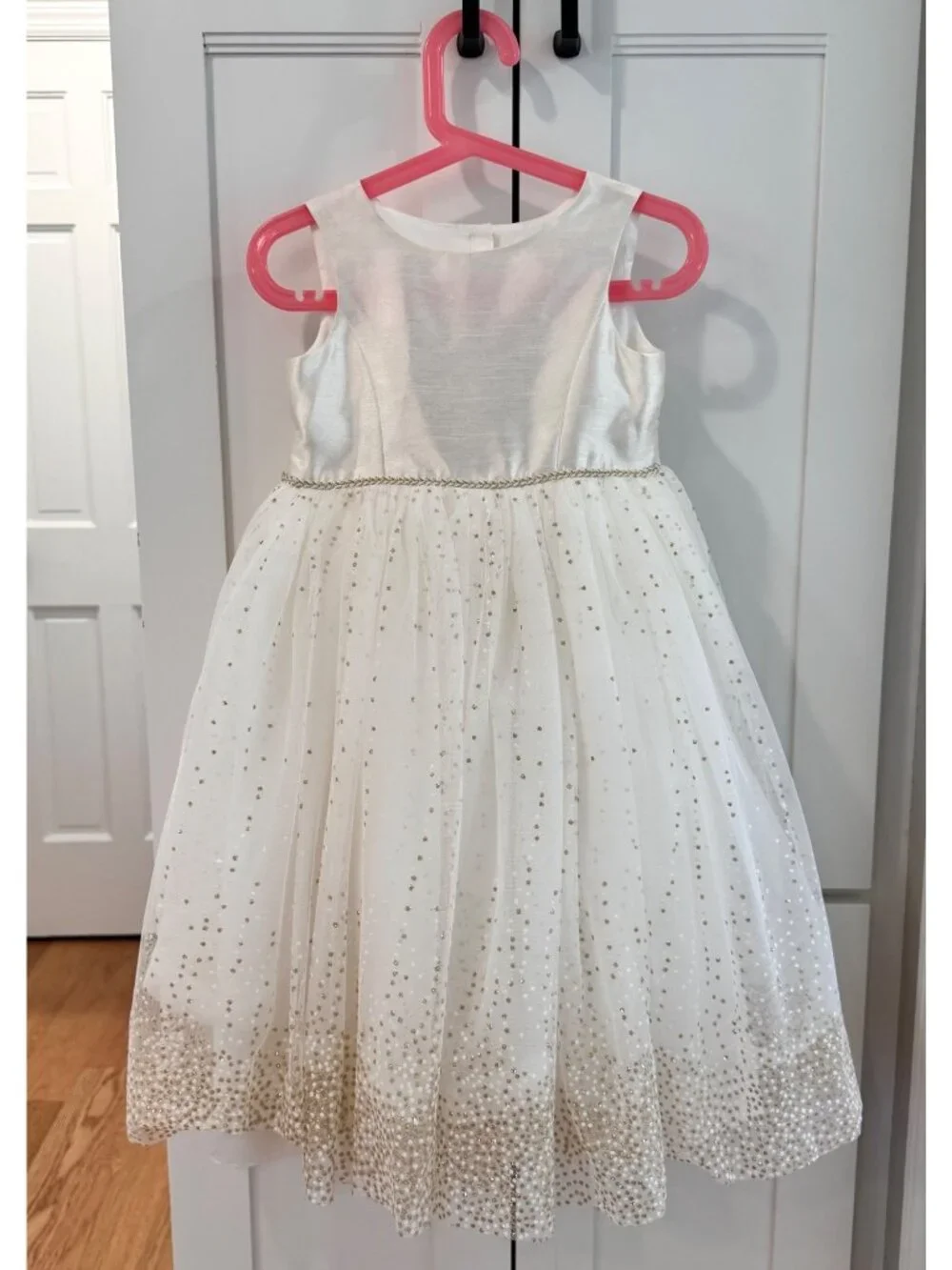 David’s Bridal Girls 4 Tulle Tea Length Gold Glitter Flower Girl Formal Dress - Picture 3 of 10